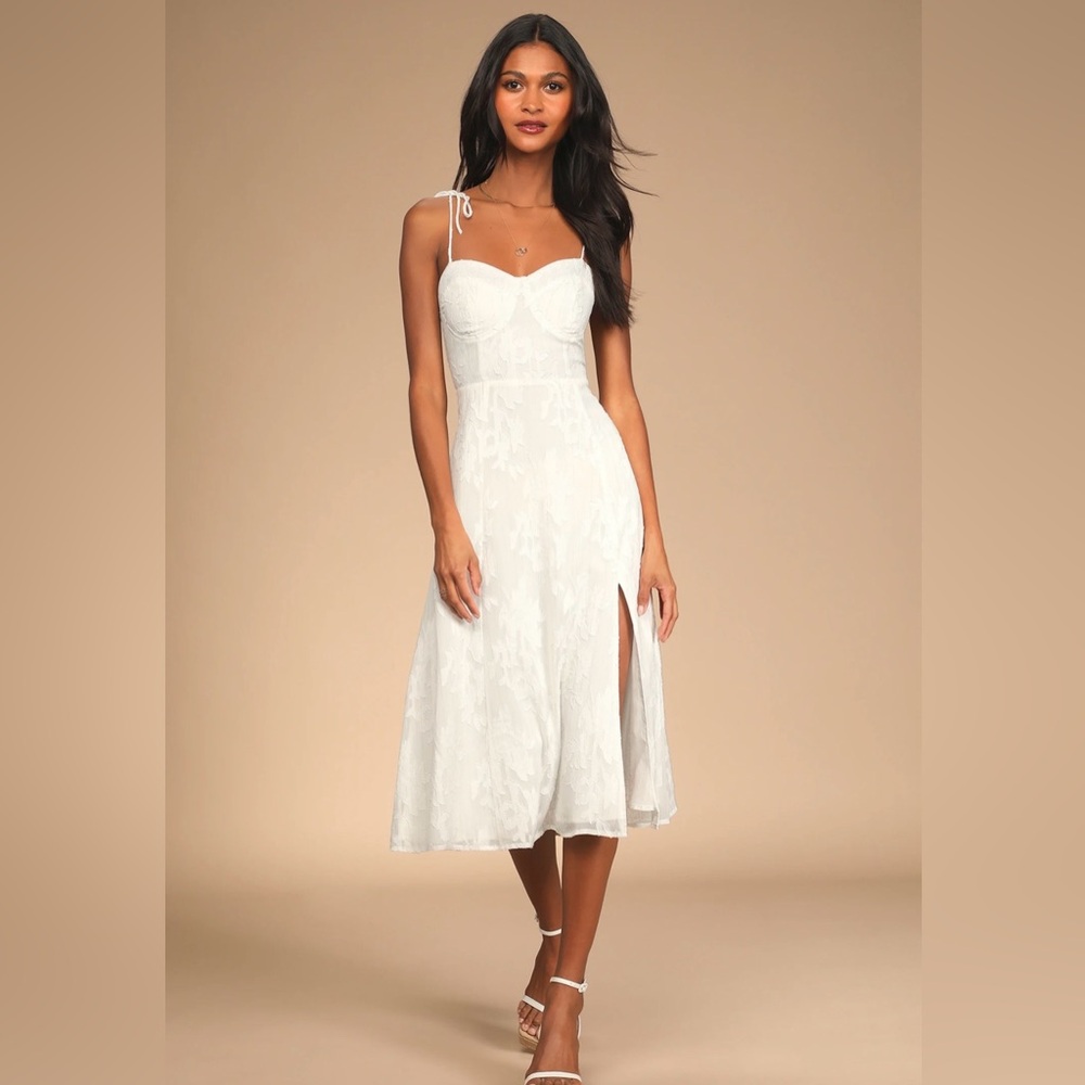 Lulus “Loveliest Looks White Floral Jacquard Tie-Strap Midi Dress”